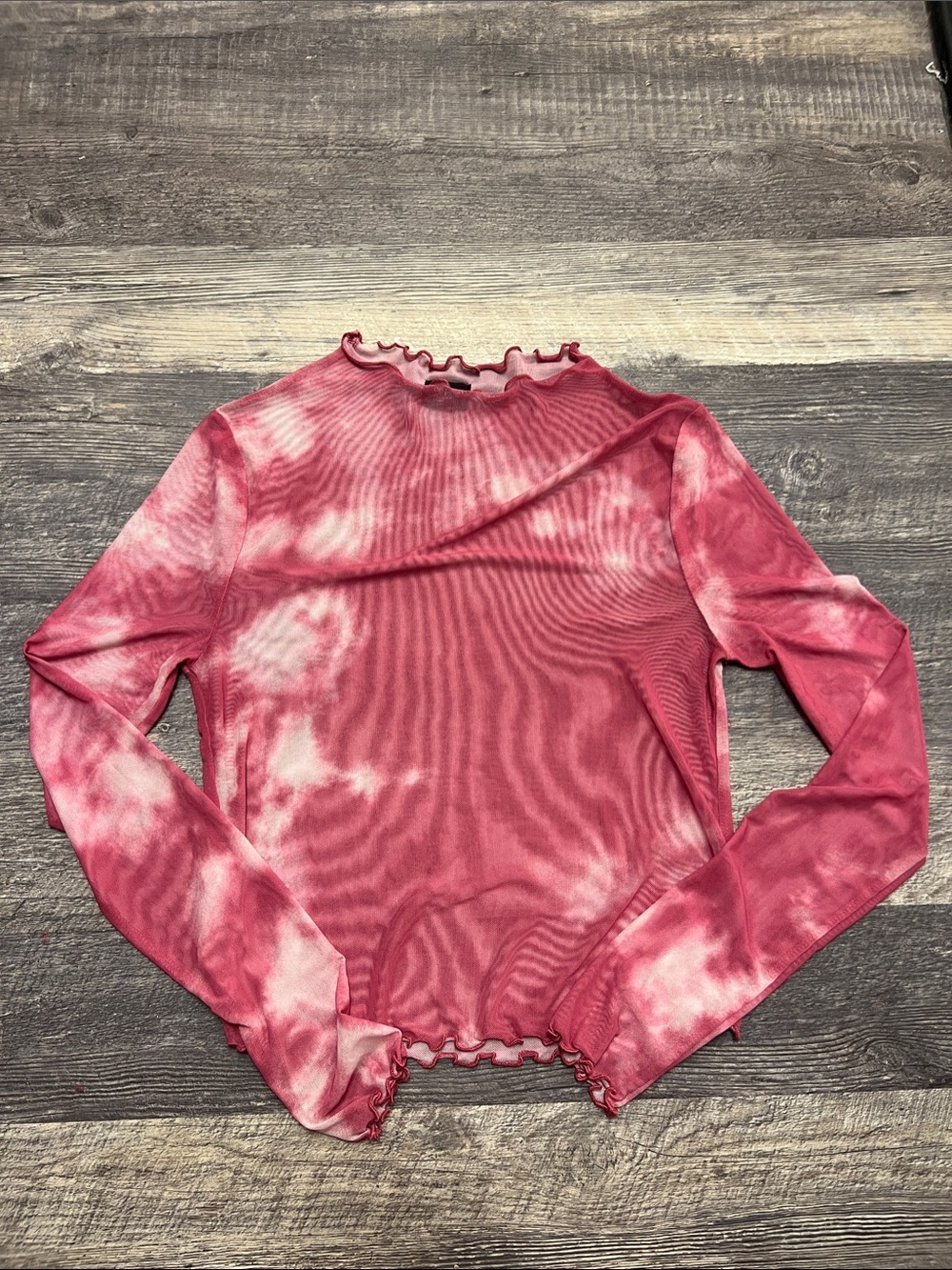 free press Pink Tie-Dye Mesh Long Sleeve Lettuce-Edge Top